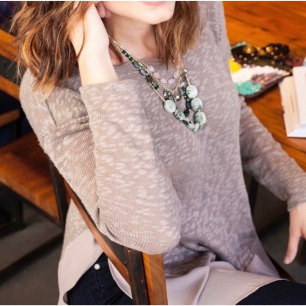 Deletta Anthropologie Neutral Long Sleeve Scoop Neck Taupe Sweater Top Large - Picture 2 of 13